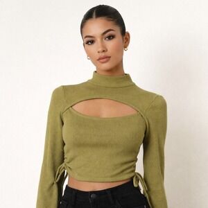 LE LIS Olive Green Ribbed Cutout Mock Neck Long Sleeve Crop Top with Side Ties S